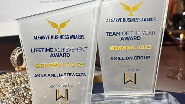 The two Algarve Business Awards 2025 trophies: Team of the Year Award, Winner 2025, Amillion Group; Lifetime Achievement Award, Runner-Up 2025, Anna Amelia Szewczyk